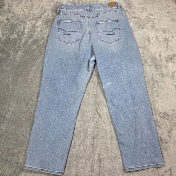 American Eagle Curvy Mom Jeans 18 Blue Stretch High Rise Ankle Length Distressed - Picture 5 of 11